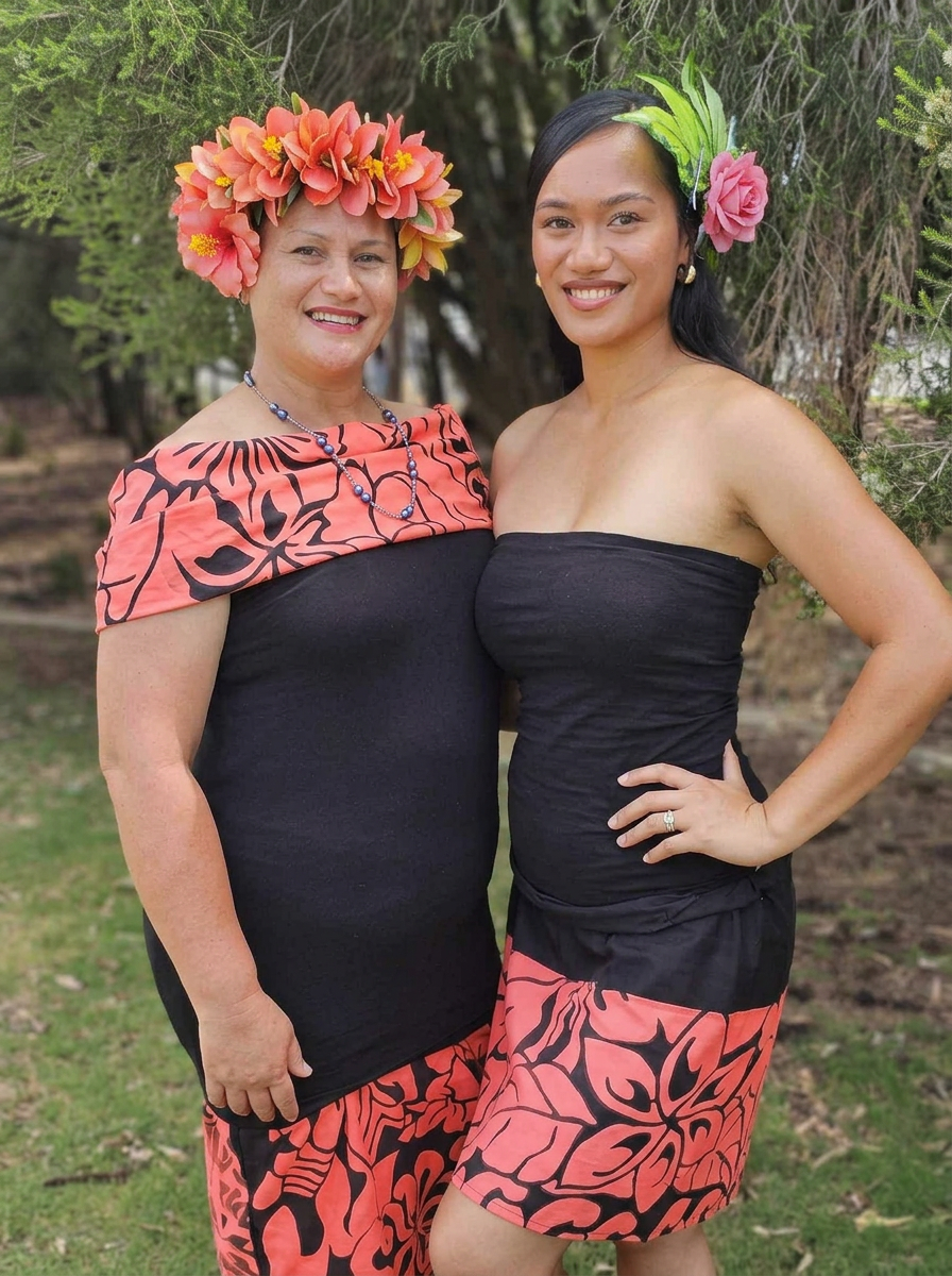 Anau and Ku'ulei, founders of Soulful Island Dance, in matching Polynesian ei katu