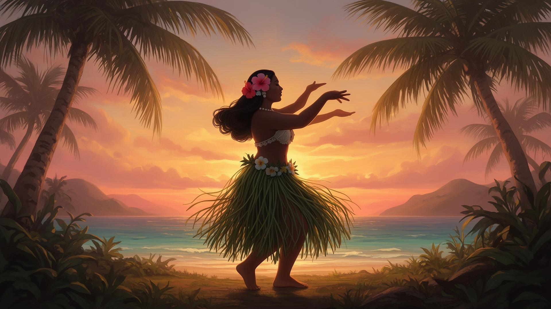 Polynesian dancer at sunset by the ocean